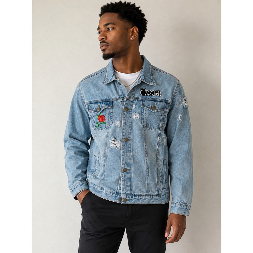 Cobra Mens Distressed Light Wash Denim Jacket The Doors Rose Patch Trucker
